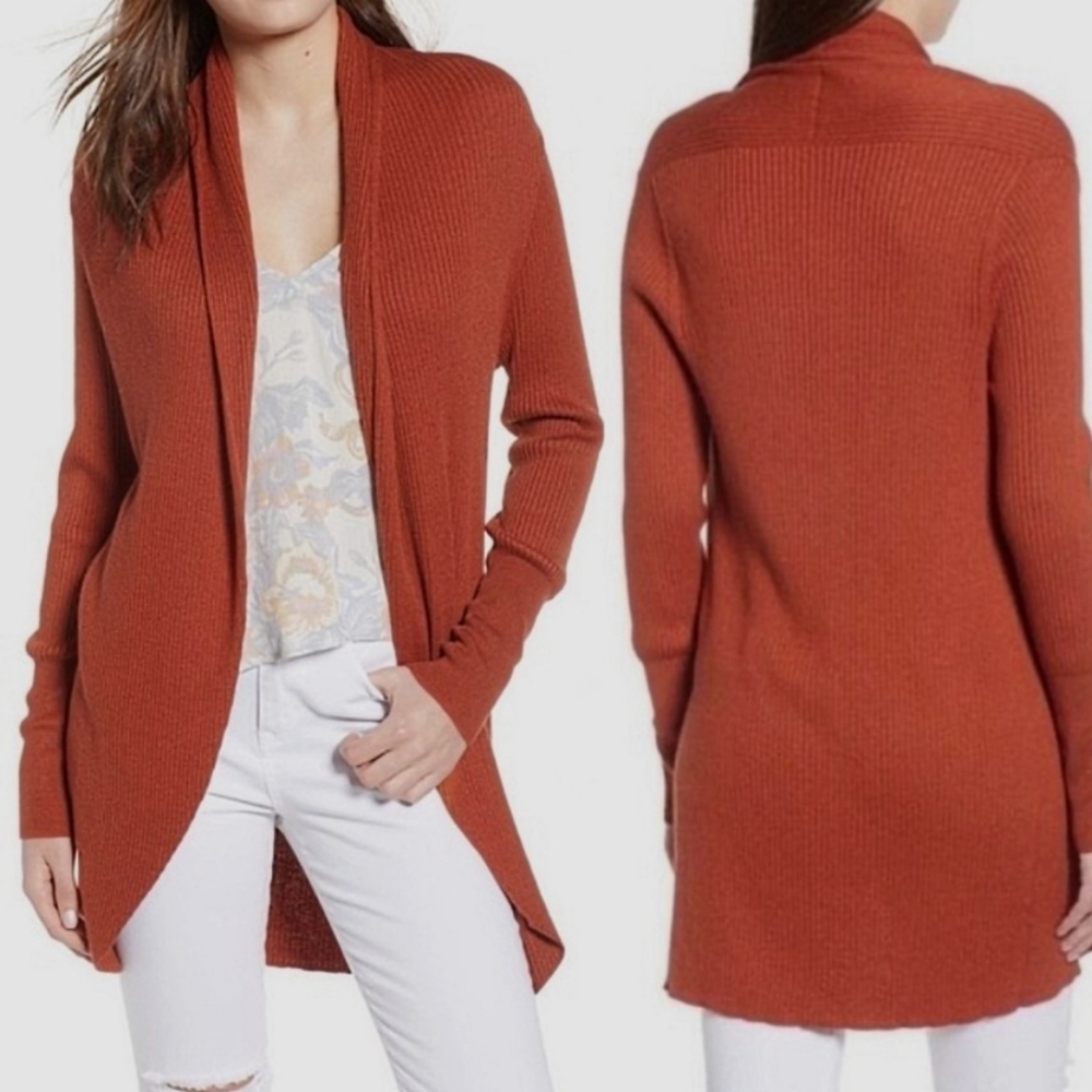 Nordstrom Leith Ribbed Shawl Cocoon Sweater Duster Cardigan in burnt orange 
